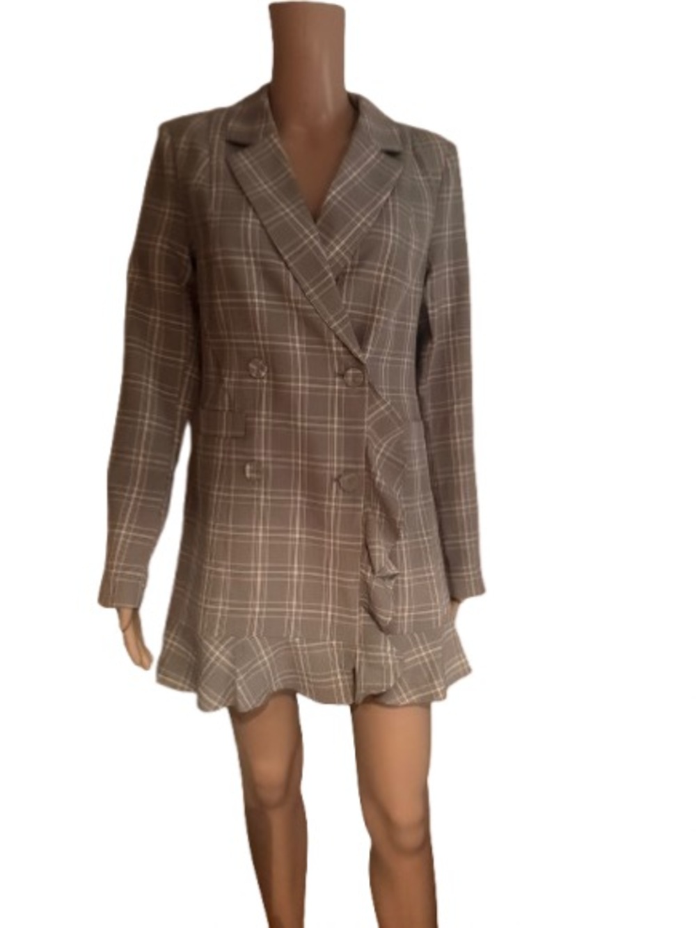Forever21 Glen Plaid Double-Breasted Ruffle Blazer Dress in Gray